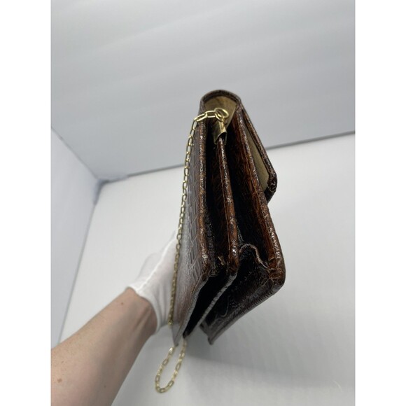 Vintage Clutch Handbag Envelope Style Snake Gator print brown Faux Leather Chain - Picture 9 of 16